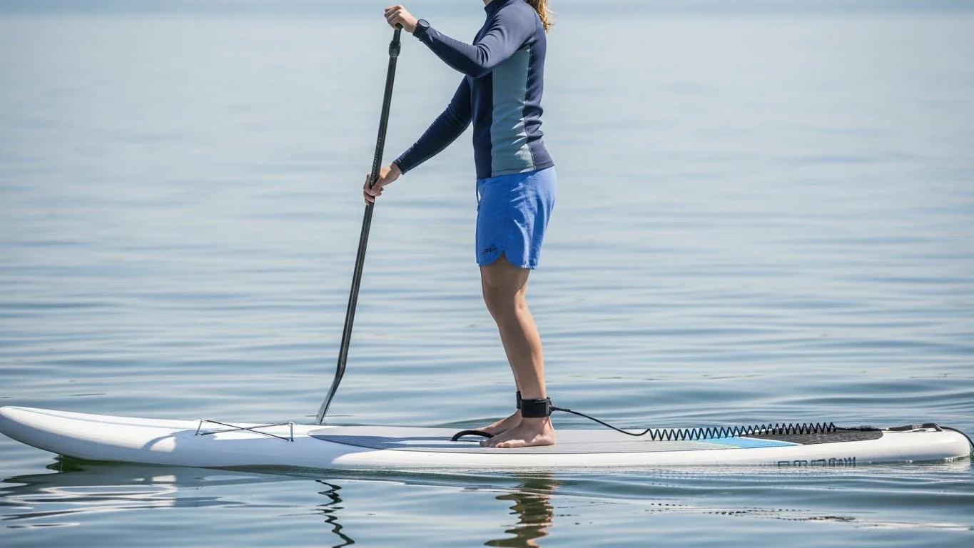 Balanced standing position on a paddle board